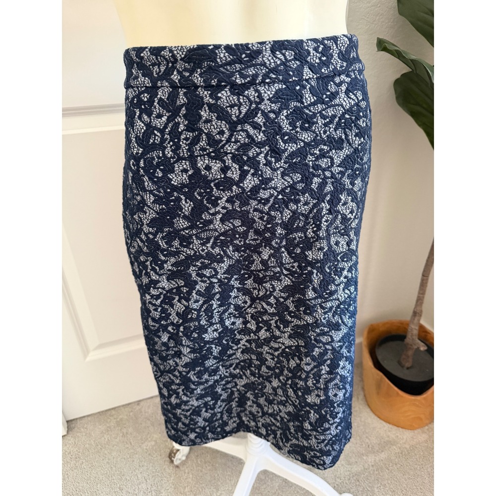 Michael Michael Kors Navy Blue White Floral Lace Pencil Skirt Gold Zip Large